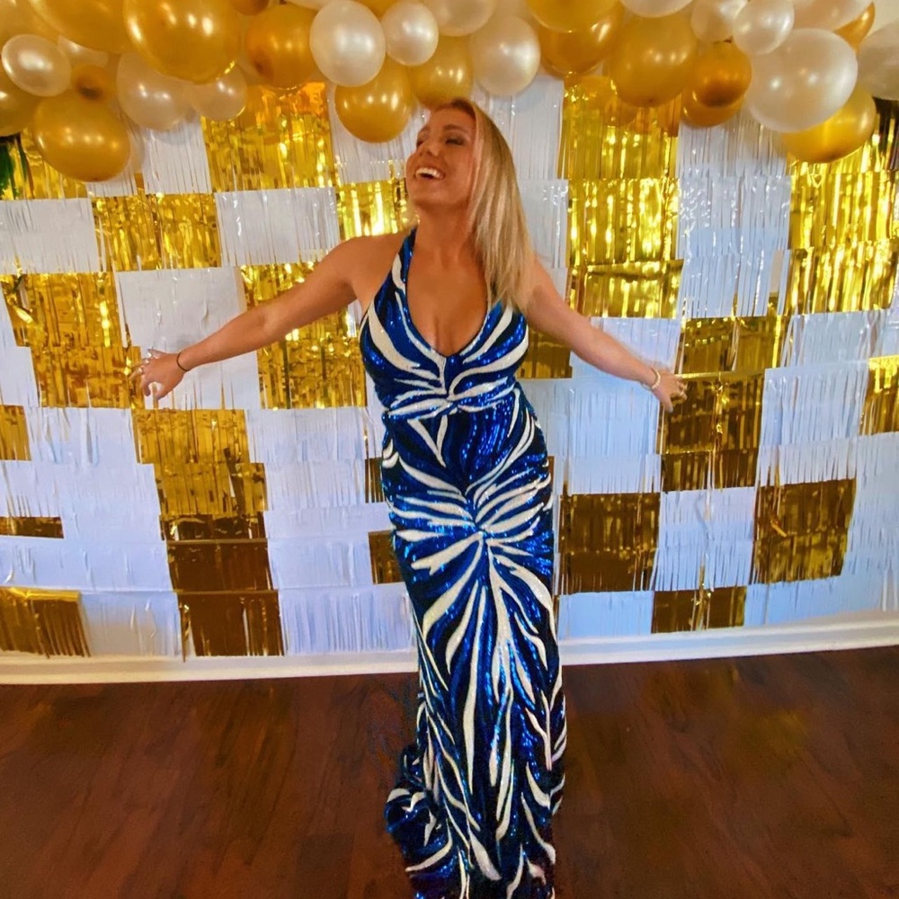 BLUE PATTERNED SEQUIN HALTER MAXI DRESS